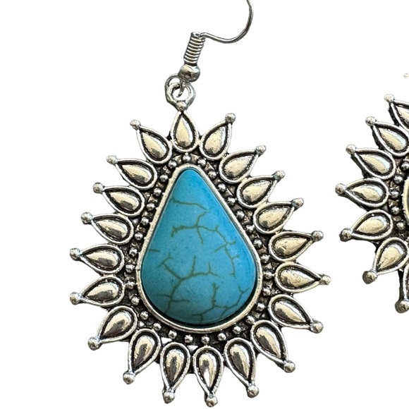 Boho Large Silver and Turquoise Flower Drop Earrings - Picture 2 of 5